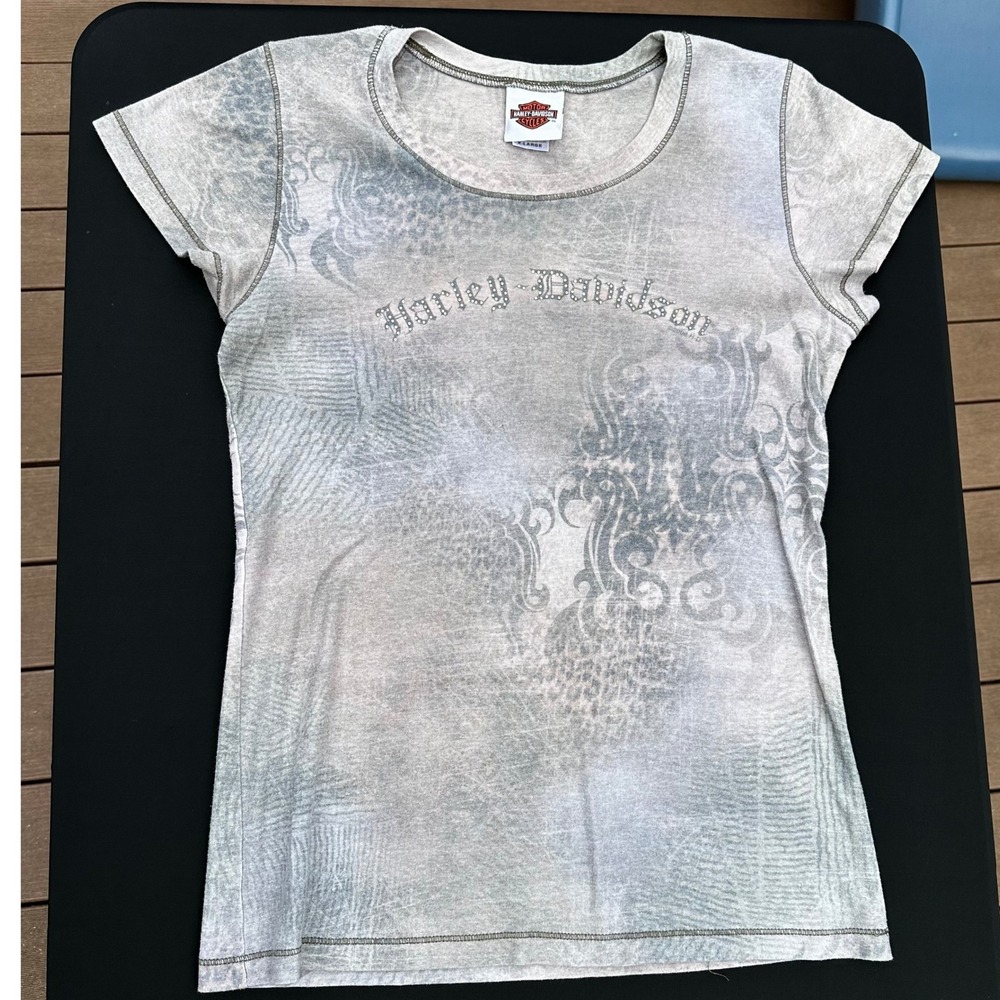 Harley-Davidson Womens XL Gray Rhinestone Graphic T-Shirt Faribault MN 2008
